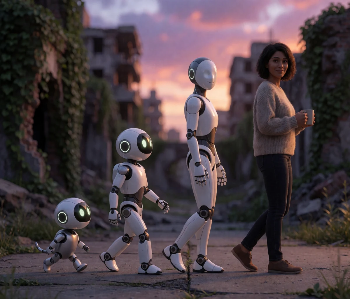 A tiny white robot, then a jointed one, then a smooth android, then a person in a sweater holding a mug — walking left to right through an overgrown city at dusk