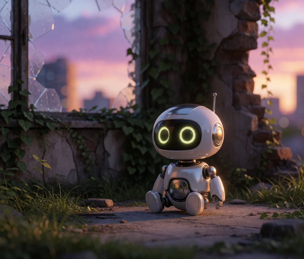 One little white robot sitting alone by a broken window at dusk