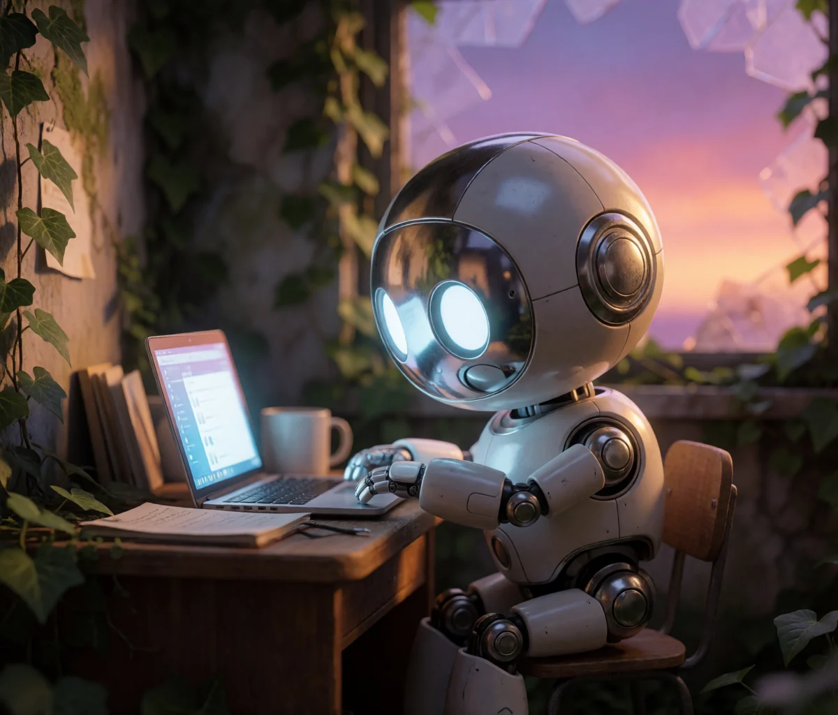 Un pequeño robot compañero trabaja con un portátil en un escritorio junto a la ventana, al atardecer